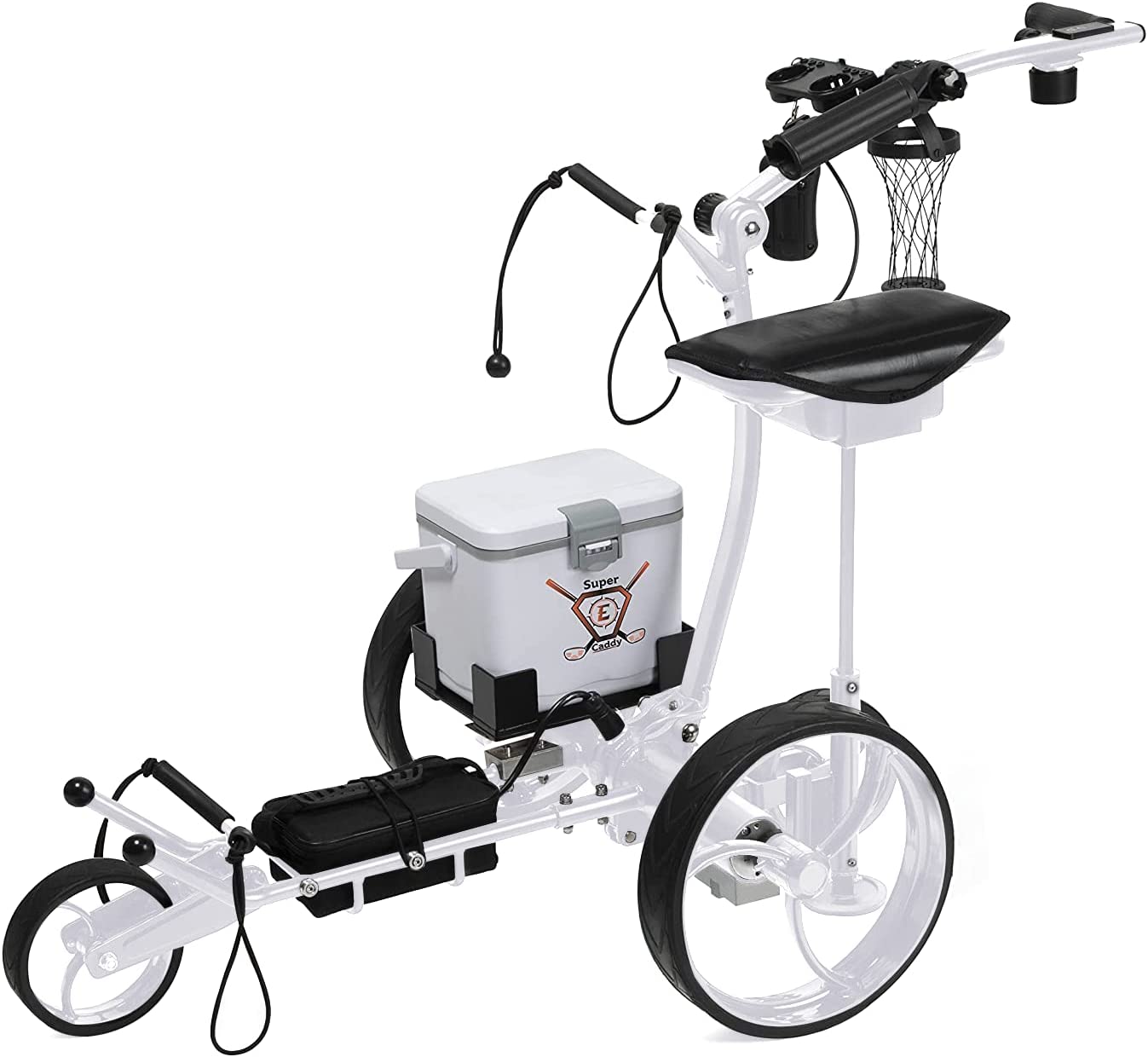 The PRO  Electric golf cart with remote and built in 6 pack cooler lasts 36 holes!! 2 years warranty