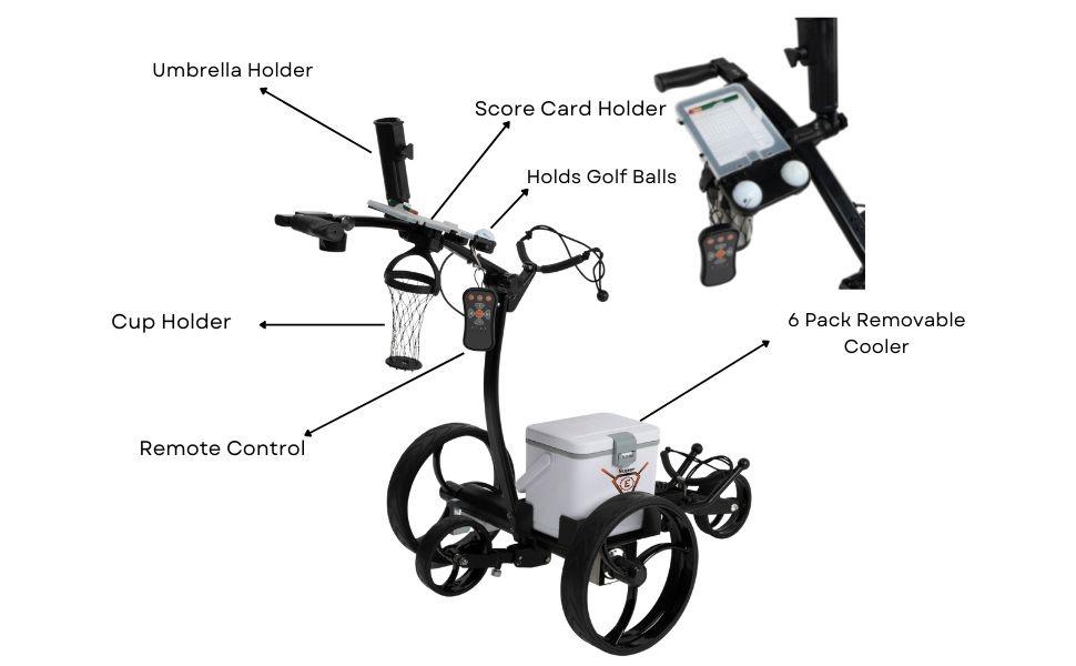 The PRO  Electric golf cart with remote and built in 6 pack cooler lasts 36 holes!! 2 years warranty