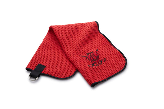 Caddy Golf towels with a hook to hang on your Super E caddy! Red or Blue!