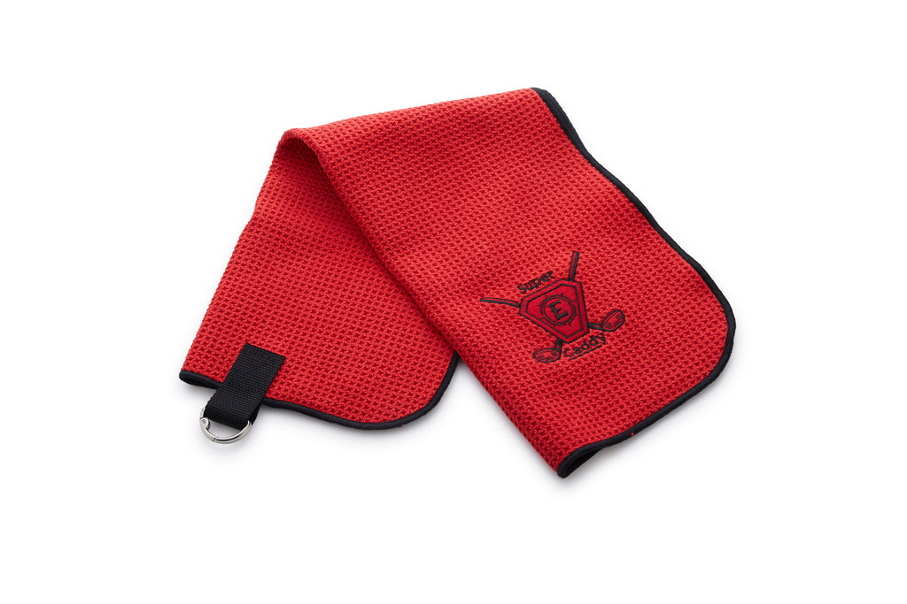 Caddy Golf towels with a hook to hang on your Super E caddy! Red or Blue!